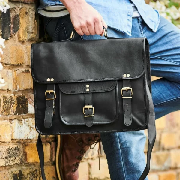 black leather laptop satchel bag
